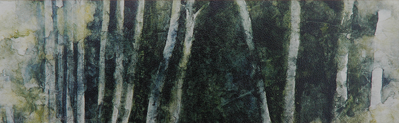 watercolor painting of a many tree trunks with greenery behind them