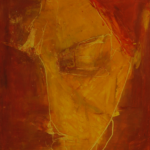 oil pastel drawing of a face in reddish, brown, gold colors