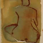 watercolor painting of a back view of a seated woman, with brown outline