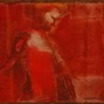 figure in brown and red tones, with red background