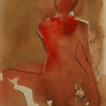 back view of a seated woman, with reddish and brown tones on tan background