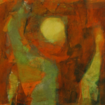 abstract_oil_pastel_drawing_with_red-orange_background and greenish figures, round yellow-green circle
